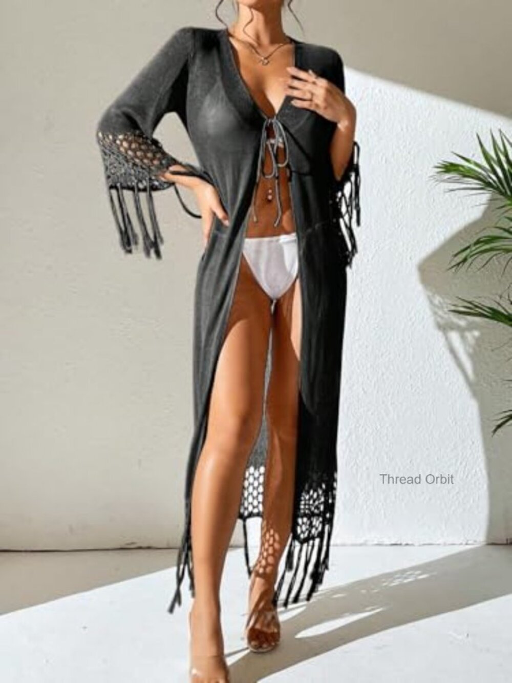 Crochet Knit Swimsuit Coverup Tie Front Tassel Kimono Beach Cardigan - Picture 4 of 6